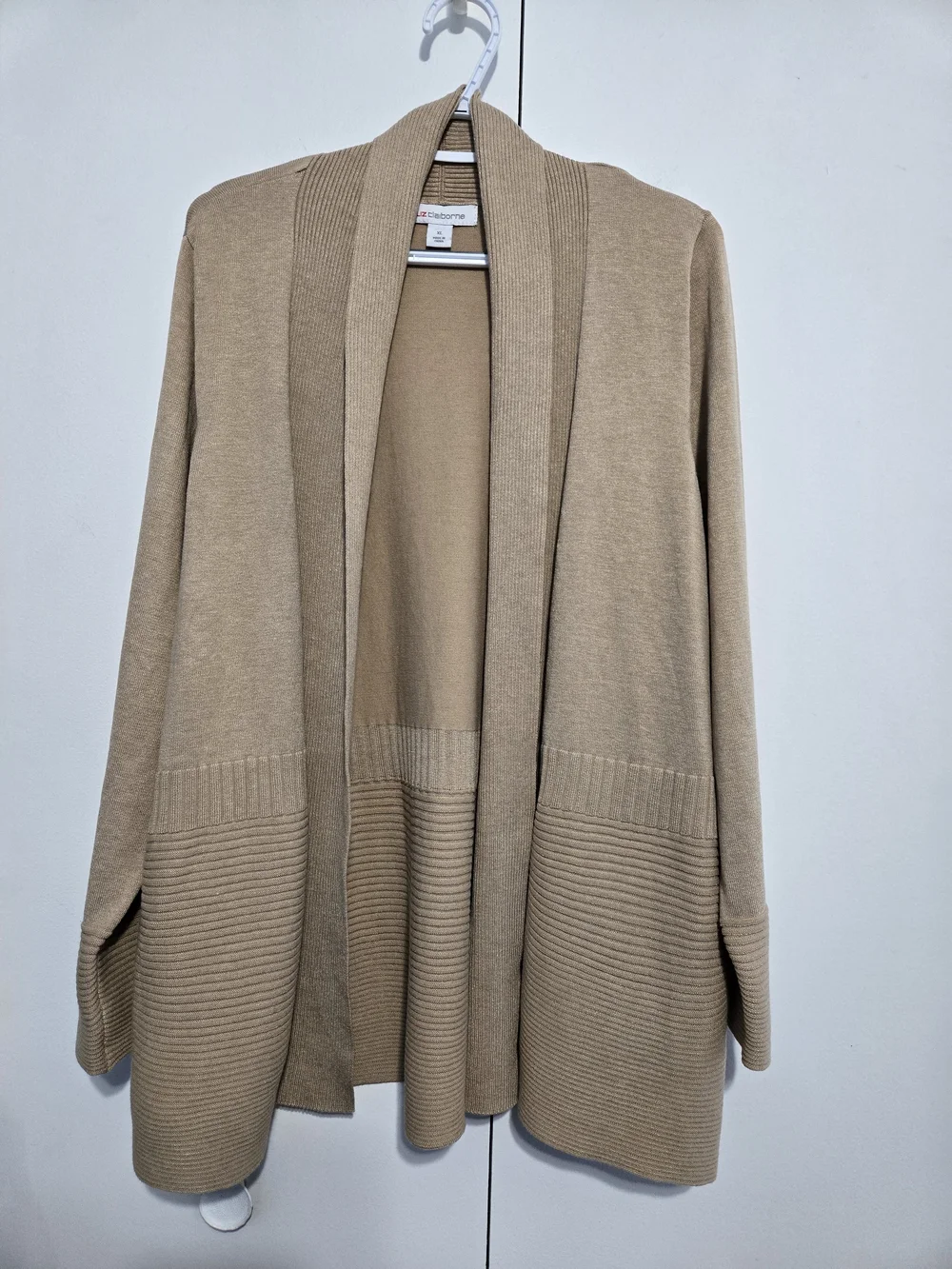 Liz Claiborne XL Open Front Cardigan‎ Tan Ribbed Knit Lightweight Drape Sweater